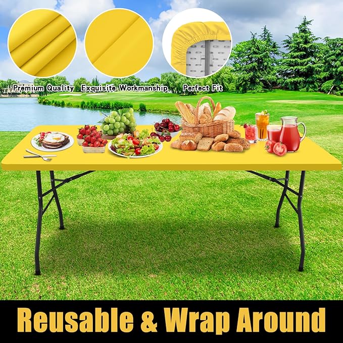 Smiry Rectangle Picnic Table Cloth, Waterproof Elastic Fitted Tablecloths for 5 Foot Tables, Washable Polyester Table Cover for Camping, Indoor and Outdoor (Yellow, 30"x60")