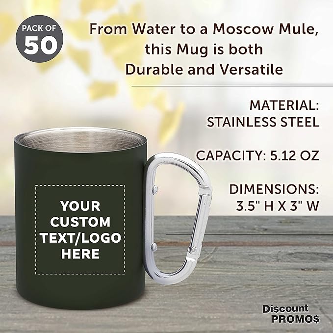 Custom Stainless Steel Mugs with Carabiner Handle 10 oz. Set of 50, Personalized Bulk Pack - Perfect for Coffee, Soda, Other Hot & Cold Beverages - Army Green