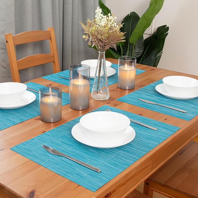 Winknowl Placemats Set of 4, Heat Resistant Stain Resistant Woven Vinyl Insulation Place mats, Durable Washable Elegant Table Mats for Kitchen Dining Table Decor (Teal Blue)