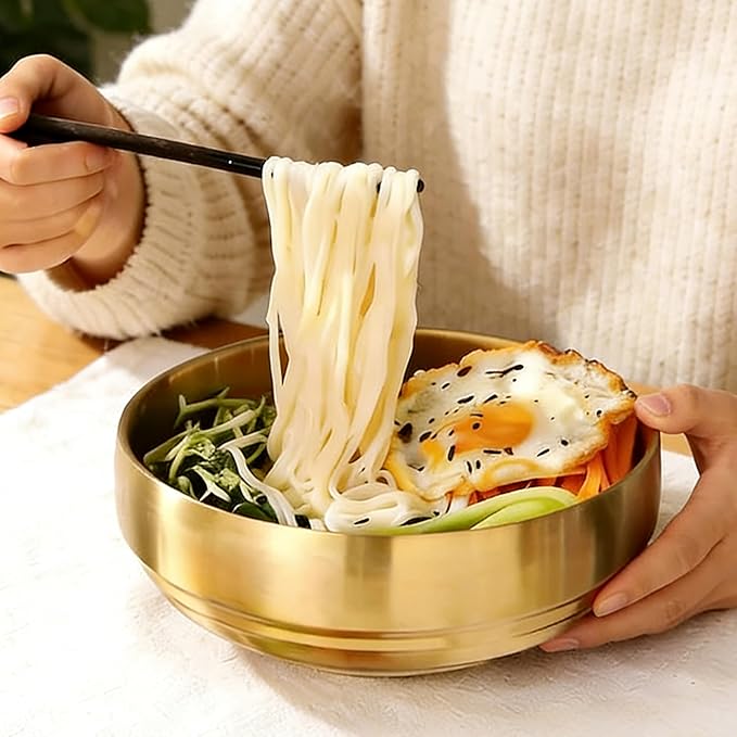 Gold Soup Bowls, 7.3 Inch 35OZ Large Stainless Steel | Double-Walled Unbreakable Serving Bowls for Soup, Rice & Salad, Heat Retention Dish for Noodles and Sashimi at Home or Restaurant