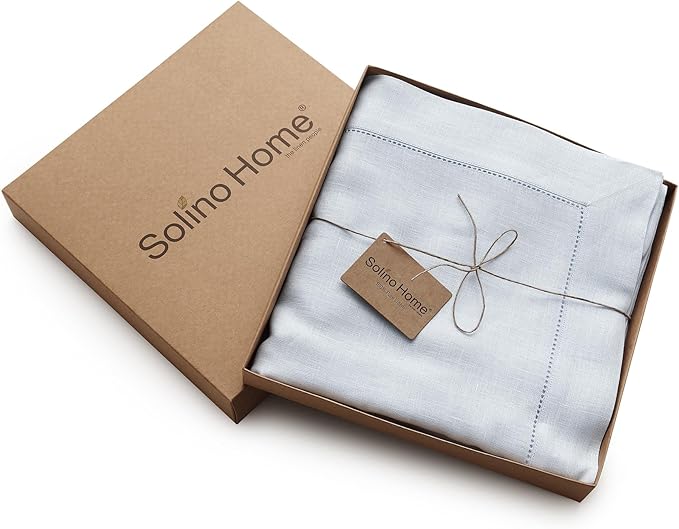 Solino Home Linen Tablecloth 60 x 108 Inch - Classic Hemstitch 100% Pure Linen Light Blue Table Cloth for Rectangle Tables - Machine Washable Tablecloth for Winter, Spring, Easter