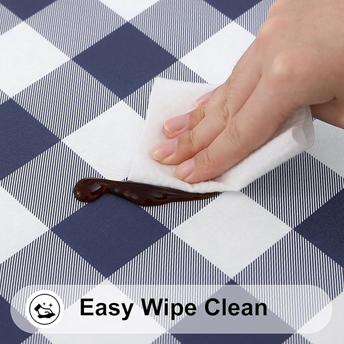 Smiry Square Picnic Table Cloth, Elastic Waterproof Fitted Vinyl Tablecloths, Flannel Backed Buffalo Plaid Table Covers for Dining, Camping, Outdoor (White and Navy, 42" x 42")