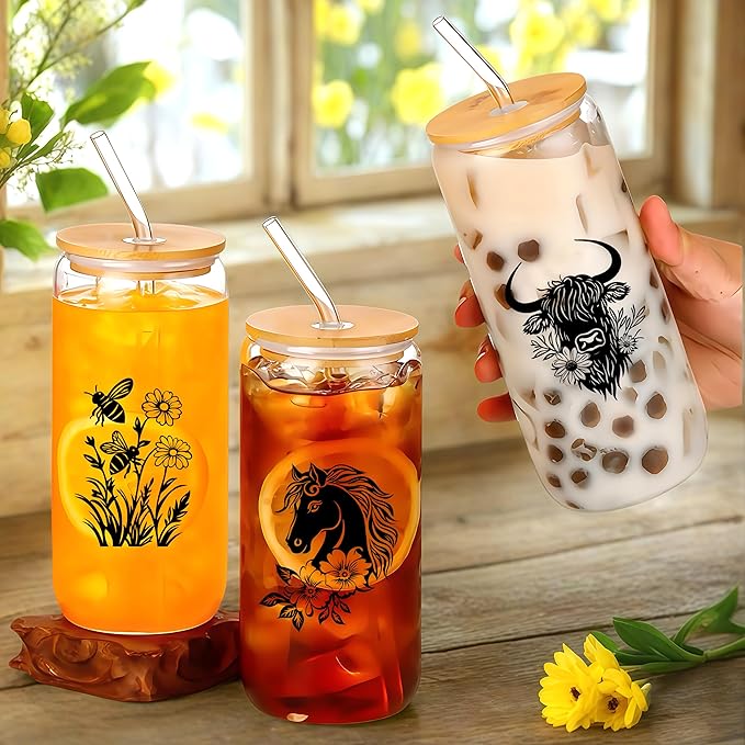 Cute Bee Glass Cup With Lids And Straws, Bee Gift For Women, Iced, Coffee, Smoothie, Cocktail, Beer, Whiskey, Soda, Matcha,16 Oz, Home Office Table Desk Decoration!