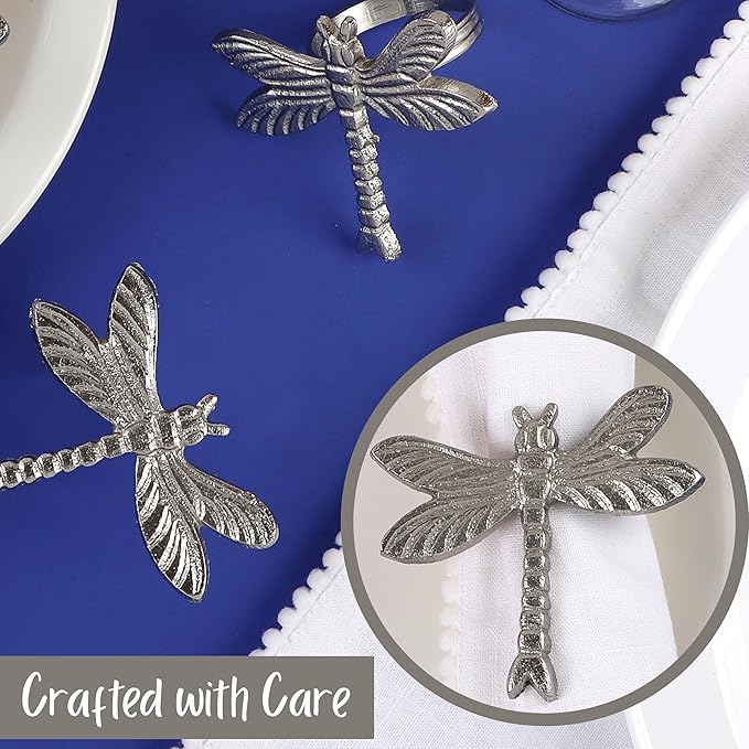 ALPHA Living HOME Dragonfly Napkin Rings - 12 Pcs Elegant Table Accessories Decorative Metal Napkin Holders for Wedding, Dinner Party, Holiday & Everyday Table Decor (Silver)