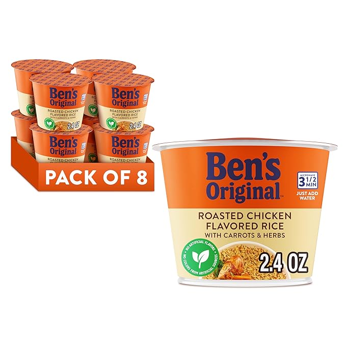 BEN'S ORIGINAL Roasted Chicken Flavored Rice Single Serve Cup, Snack or Side, Microwave in 3.5 Minutes, 2.4 oz (Pack of 8)