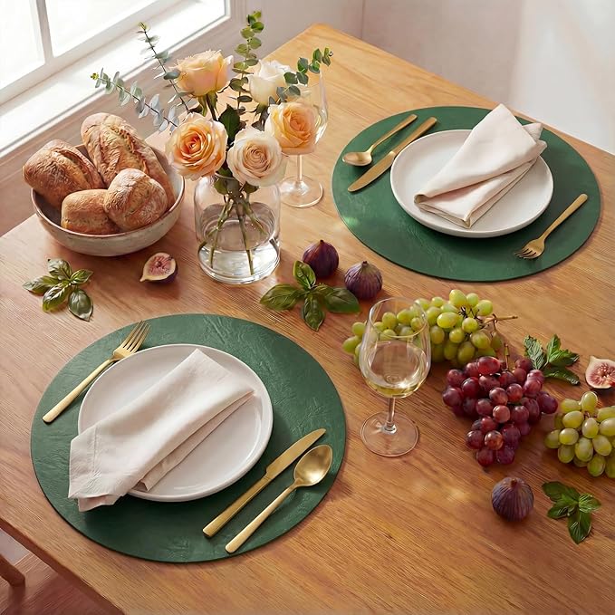 Artoid Mode Green Faux Leather Placemats Set of 4, 15 Inch Waterproof Wipeable Heat Resistant Vinyl Place Mats, Reversible Table Mats for St. Patrick's Day Dining Decor