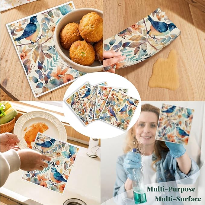 Bird Flower Swedish Dishcloths for Kitchen, Papaya Reusable Paper Towels, 4 Pack Watercolor Dish Cloths, Washable