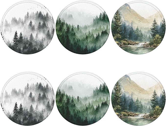 Forest Coasters Leather Round Drink Coasters 6 Pcs Set with Holderor for Cup Drink Coffee Table Bar Home Decor