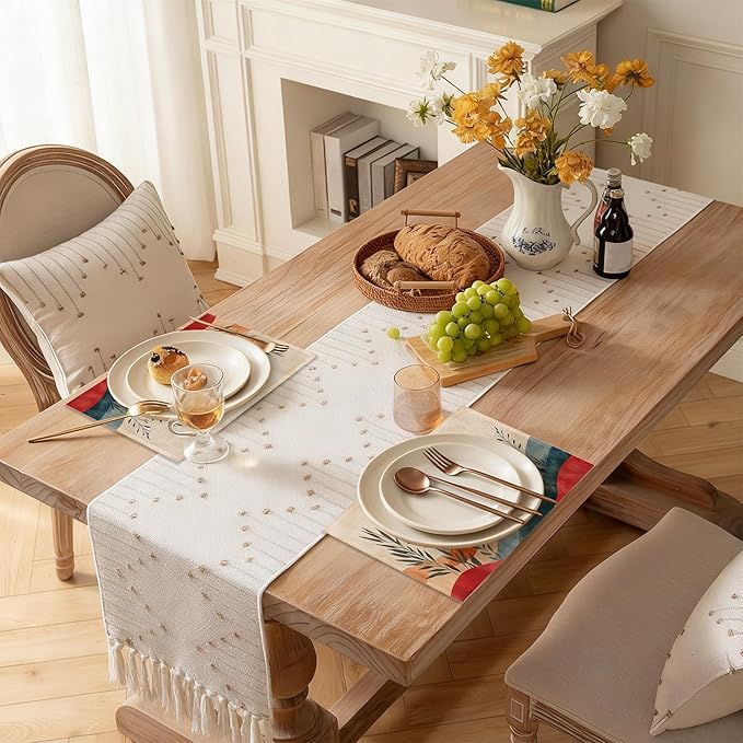 Mid Century Table Placemats Set of 6, Waterproof Linen Fabric, Non-Slip Backing & Easy Clean, Elegant Dining Table Protectors for Family and Guests(Abstract Sun)