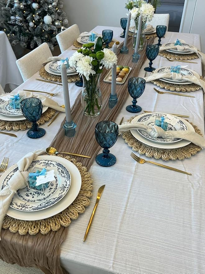 13.8" Set of 12 Round Corn Husk Placemats | Boho Wovean Rattan Table Mats | Farmhouse Wicker Spring Plate Chargers Like Water Hyacinth, Seagrass Table Mats