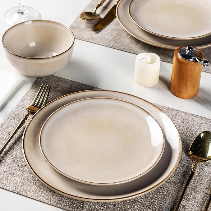 GBHOME Ceramic Dinnerware Sets for 6, 18 Pieces Stoneware Plates and Bowls Sets, Reactive Glaze Dishes -Scratch Resistant, Dishwasher&Microwave Safe-Cappuccino