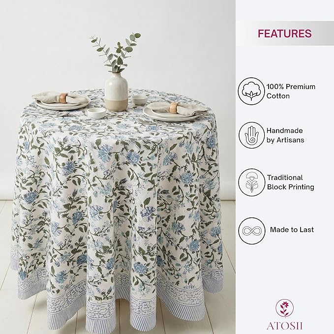 ATOSII Mahoka Blue 100% Cotton Round Tablecloth, Block Print Floral Table Cloth for Dining, Parties, Weddings, Outdoors, Holidays I 90" Inches, 6 Seater I Grandmillennial Farmhouse Boho Summer