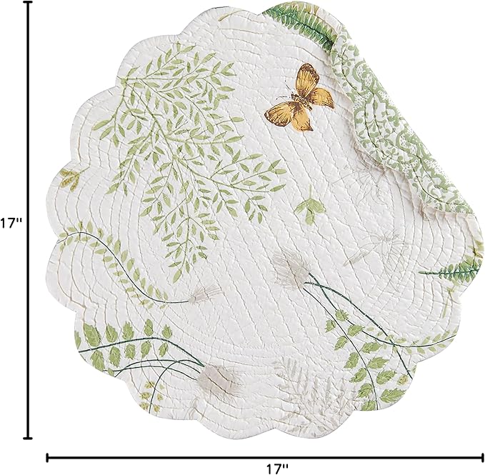 C&F Home 17" Althea Round Scalloped Edge Cotton Quilted Placemats, Set of 6 Spring Springtime Butterfly Dragonfly Plants Fern Greenery Nature Tabletop Décor Decoration S/6 Round Placemat Set of 6