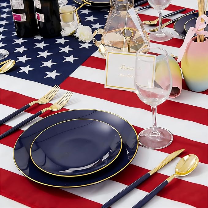 Liacere 150PCS Blue Plastic Plates - Gold Plastic Silverware with Blue Handle - Navy Disposable Plates Include 30 Guests Plates,Forks,Spoons,Knives for Hanukkah & New Year & Washington's Birthday