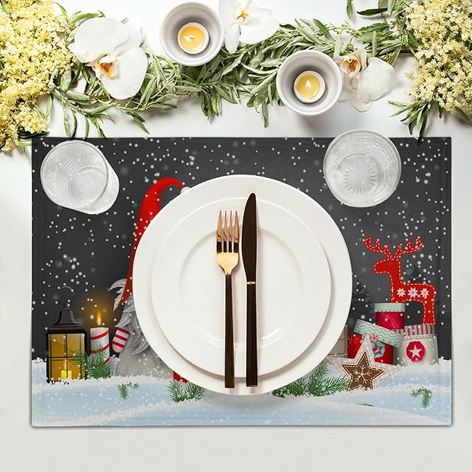 Giwawa Christmas Gnome Placemats, Xmas Elf Reindeer Place Mat for Kitchen Dining, Winter Snowflakes Non-Slip Washable Table Mats for Tabletop Holiday Camping Decor, Set of 4, 12"x18"
