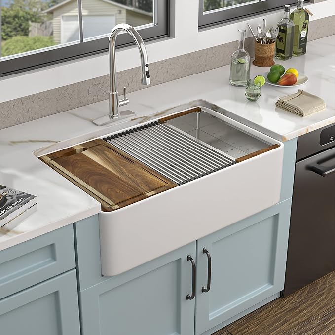 33 White Farm Sink Workstation - Fulorni 33 Inch Farmhouse Kitchen Sink with Slide Ledge Flat Apron Front White Ceramic Porcelain Fireclay Single Bowl Farmer Style Basin