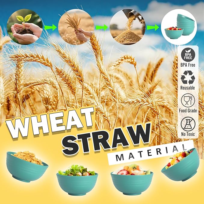 Wheat Straw Bowls Set of 6, 26 OZ Unbreakable Cereal Bowls for Family Meals, Reusable Dishes for Soup, Salad, Snacks, Microwave and Dishwasher Safe, for Kitchen, Camping, RV, Green