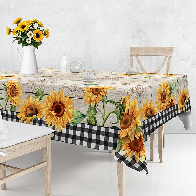Sunflower Tablecloth 60 x 84 Inch Rectangle, Farmhouse Bee Decor Black White Buffalo Check Table Cloth for Party Dining Room