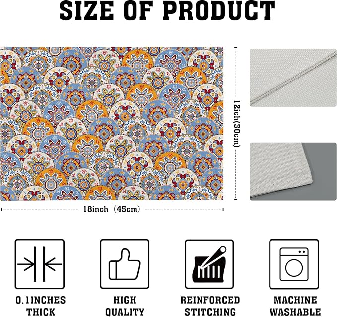Boho Floral Placemats for Table - Bohemian Flowers Place Mats Set of 4 Beige Blue Place Mat 12x18 for Party Kitchen Dining Home