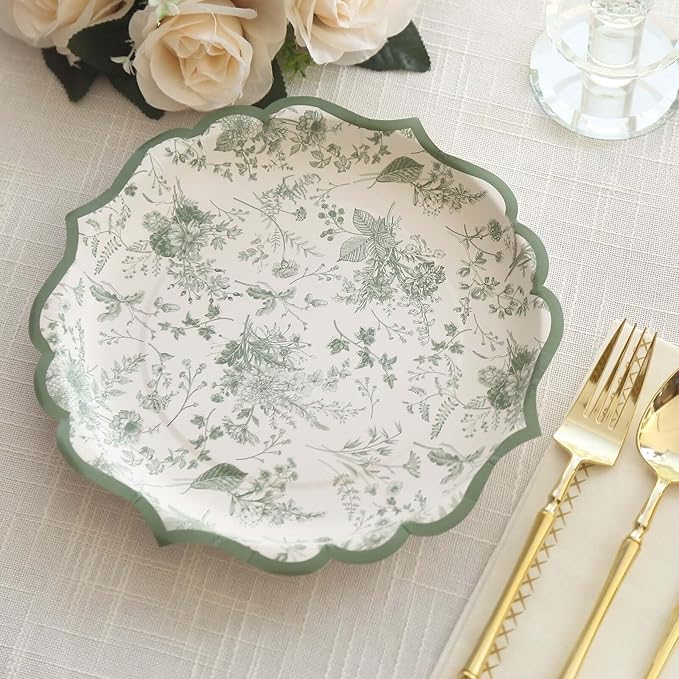 50 Pack 10" Sage Green Dinner Plates in French Toile Floral Pattern, Disposable Round Paper Party Plates 300 GSM for Festive Table Decoration