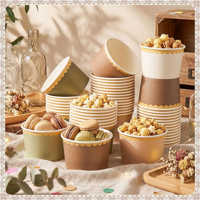 Zopeal 48 Pcs Woodland Disposable Ice Cream Bowls 9oz Green and Brown Gradient Color Paper Snack Cups with Gold Scallop for Parties, Weddings, Baby Showers, Desserts, Yogurt, and Salads