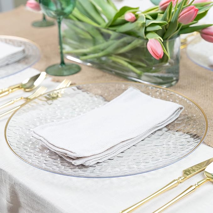 PARTY BARGAINS 13-Inch Charger Plates - 48 Pack, Hammered Clear Gold Rim, Heavy-Duty Disposable Chargers for Elegant Dining - Ideal for Weddings and Formal Events