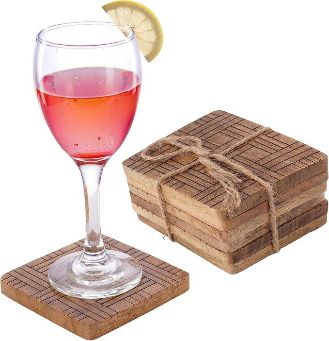 Set of 6 Wood Coasters - Natural Mango Wooden Coasters for Drinks, Beverages, Wine Glasses & Bar Glasses - Rustic & Durable Drink Coasters - Coaster Set for Home, Kitchen, Dining, Bar Decor