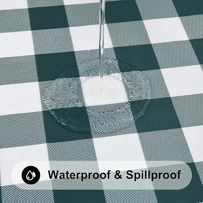 Smiry Rectangle Picnic Table Cloth, Elastic Waterproof Fitted Vinyl Tablecloths, Flannel Backed Buffalo Plaid Table Covers for Dining, Camping, Outdoor (Hunter Green and White, 30" x 96")