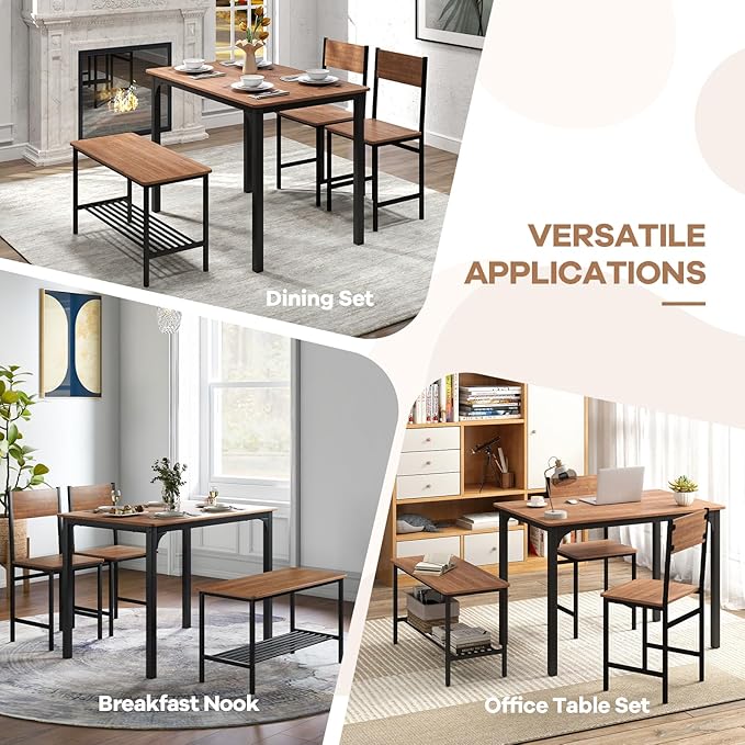 NAFORT Dining Table Set for 4 with Bench, Industrial Kitchen Table and Chairs, Rustic Brown Wood & Black Metal 4-Piece Dining Room Set for Apartment, Small Space, Kitchen, Restaurant