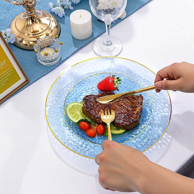 Rubtlamp 150Pcs Blue Plastic Plates, Gold Plastic Dinnerware Set For 30 Guest, Hammered Heavy Duty Plates with Gold Rim Include 30Dinner Platos, 30Salad Platos,90 Cutlery