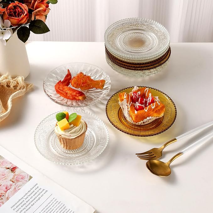 WHJY 6 Inch Clear Glass Plates 4 Pack Vintage Dinnerware Set Transparent Diamond Textured Dinner Plates for Home Party Wedding Crystal Glass Dishes for Fruit Salad Appetizer Dessert