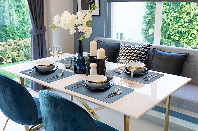 More Décor Faux Leather Placemats Set of 6 for Dining Table – Waterproof, Wipeable, Washable, Stain & Heat Resistant, Non-Slip Table Mats – 12 X 17 Inch, (Solid Blue, 6)