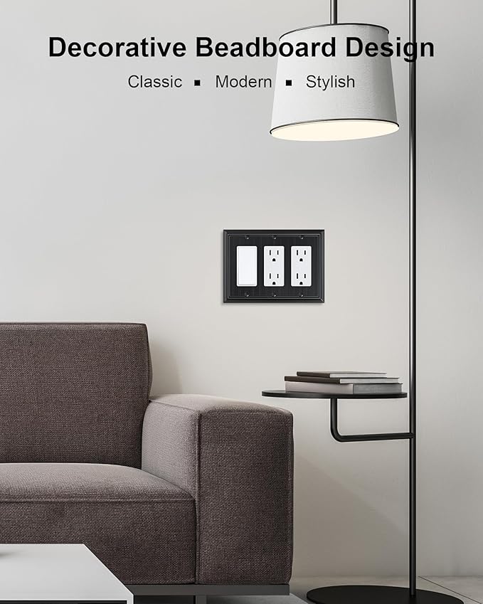 2-Pack Classic Beadboard Decorative Tripple Decorator Outlet Cover Plate, Durable Natural Bamboo Fiber Matte Black Wall Plates for Electrical Outlets, Receptacle, GFCI Outlet, Dimmer Switch, 3-Gang