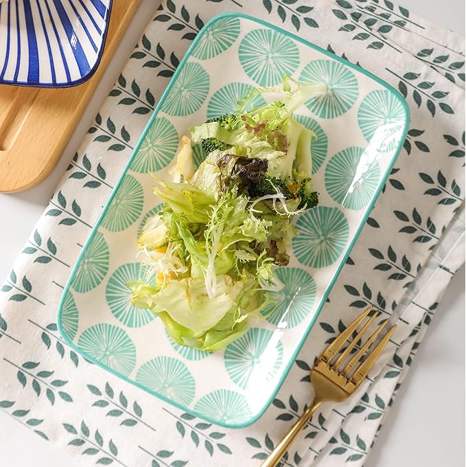 Selamica Ceramic 9.5 Inch Large Rectangular Salad Plates, Dinner Plates, Pasta Dessert Plates Serving Platters and Trays for Appetizer, Sushi, Fruit, Set of 6, Assorted Colors