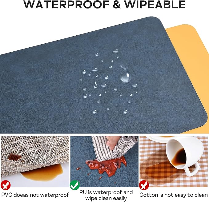 AAPLKER Faux Leather Placemats Set of 6, Vinyl Placemats Wipeable Waterproof Oil-Proof Table Mats, Heat Resistant Place Mats for Kitchen Indoor Outdoor, 16.9 x 11.8 inches (Blue/Yellow)