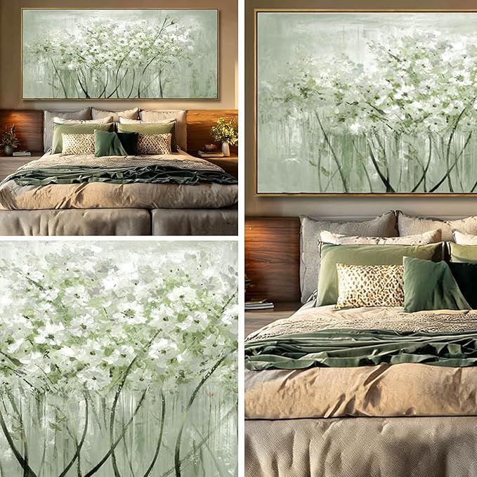 Green and White Floral Wall Art Blossom Canvas Painting Nature-Inspired Artwork Large 40x88 Modern Framed Wall Decor for Living Room Bedroom Office