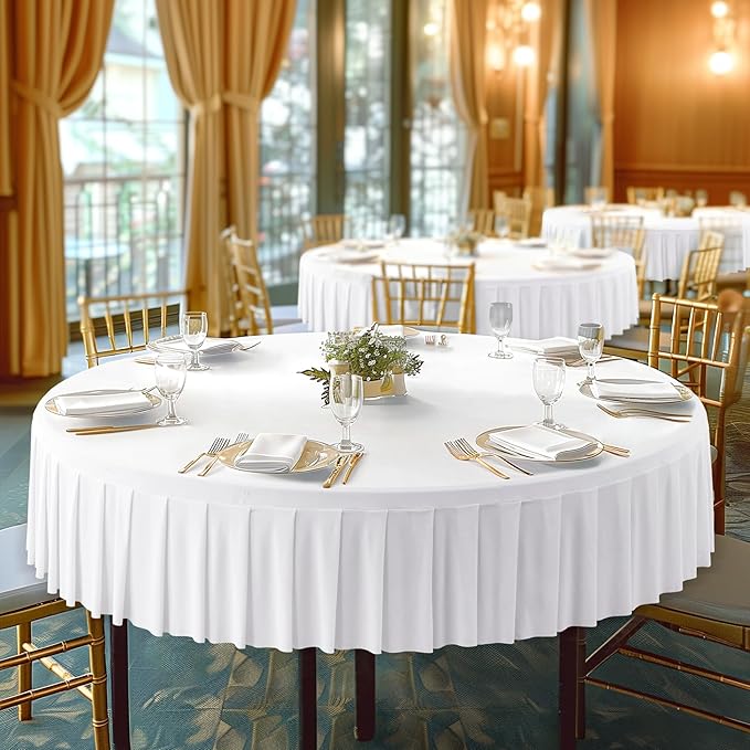 2 Pack White Spandex Round Tablecloths for 60 inch Tables, Stretchy Fitted 5FT Round Table Cloths, Wrinkle Free Table Cover with Skirt for Wedding Party Dining Banquet Baby Shower