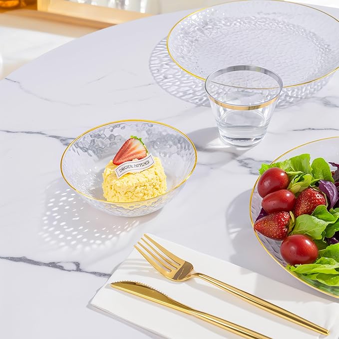 Rubtlamp 20 Pack Clear Disposable Bowls, Clear Plastic Bowls with Gold Rim, 12-16oz Premium Heavy Duty Plastic Dinner Bowls for Party, Wedding and Holiday