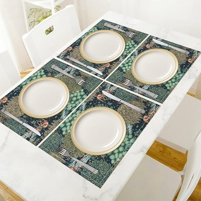 William Morris Floral Print Placemats,Strawberry Thief Print Plate Mats Set of 6,Watercolor Vintage Flower Table Placemats for Home Kitchen Holiday Decoration, 6 PCS