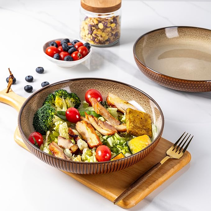 GBhome 9.5'' Large Pasta Bowls, 42 Ounce Stoneware Salad Bowls for Kitchen, Ceramic Serving Bowls With Textured Pattern for Pasta,Fruit, Stews,Noodle, House-warming Gift, Set of 4-Caramel