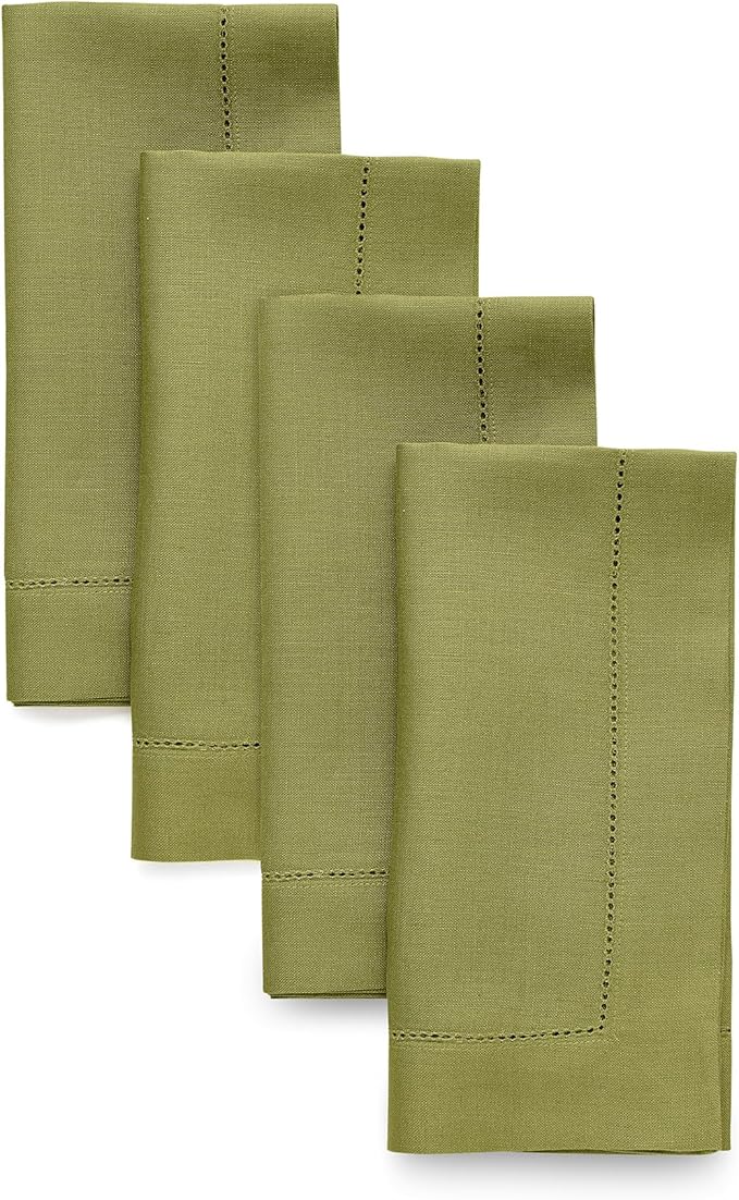 Solino Home Linen Napkins Set of 4 - Classic Hemstitch 100% Pure Linen Avocado Green Dinner Napkins Cloth 20 x 20 Inch for Winter, Spring, Easter, St Patricks Day - Handcrafted and Machine Washable