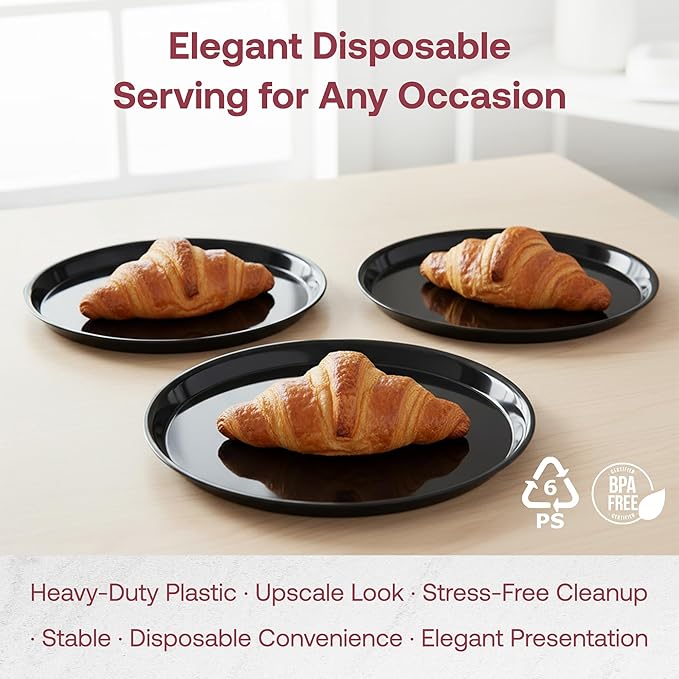 Smarty Had A Party 14 Inch Black Round Plastic Serving Tray – Heavy-Duty Plastic Serving Trays for Parties, Catering & Buffets, Elegant Disposable Party Platters & Trays – 25-Pack