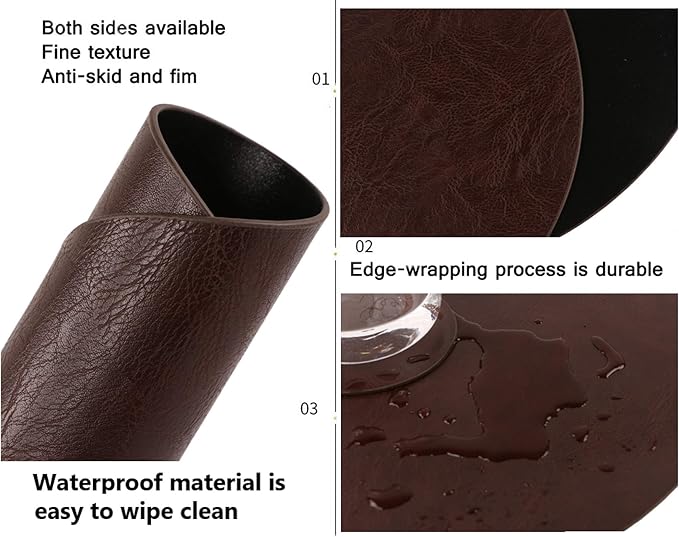 Set of 6 Embossed PU Leather Placemats, Waterproof Coffee Coasters, Kitchen Table Mats, Easy to Wipe Off for Dining Round Table
