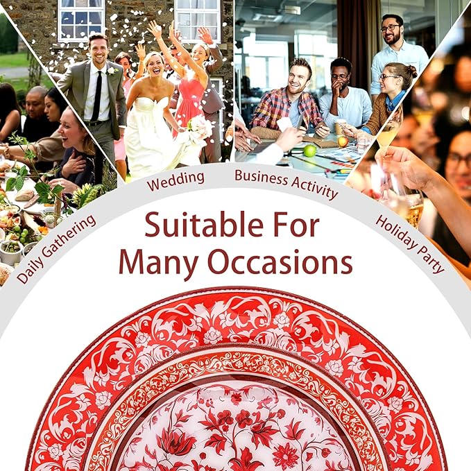 Hioasis 60pcs Red Plastic Plates Set - Floral Red & White Porcelain Design, 10.25" Dinner & 7.5" Dessert Plates Disposable for Christmas (Dishwasher Safe, Art Style)