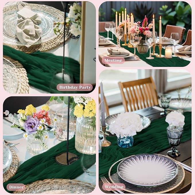 Emerald Green Table Runner, 10 Ft 120 in Cheesecloth Table Runner, Fall Table Runners for Wedding, Party,Bridal Shower, Boho Table Runners for Christmas