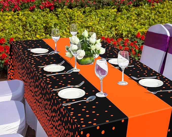 Oudain 6 Pcs Black and Orange Tablecloth for Parties Plastic Dot Tablecloths Printed Table Runner Waterproof Disposable Rectangle Table Cover for Christmas Birthday Wedding Party, 54" x 108"