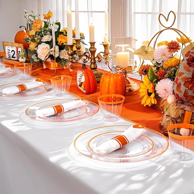SUT 350Pcs Orange and Clear Plastic Dinnerware Set for 50 Guests, Include: 50 Dinner Plate, 50 Dessert Plates, 50 Pre Rolled Napkins With Silverware, 50 Cups, Disposable Plates for Party