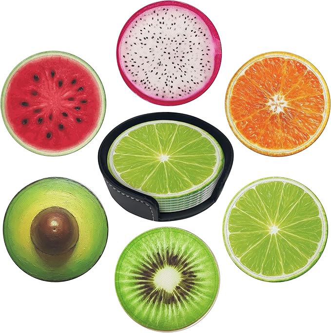 Fruit Coasters Leather Round Drink Coasters 6 Pcs Set with Holderor for Cup Drink Coffee Table Bar Home Decor