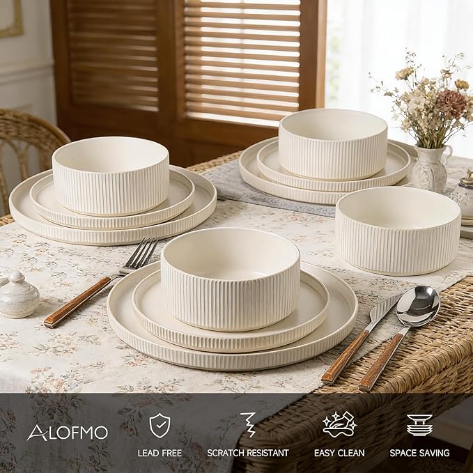 Dinnerware Set Service for 4, 12-Piece Ceramic Plates and Bowls Set, Chip & Scratch Resistant, Microwave and Dishwasher Safe, Modern Minimalist Tableware for Everyday Use, Matte White