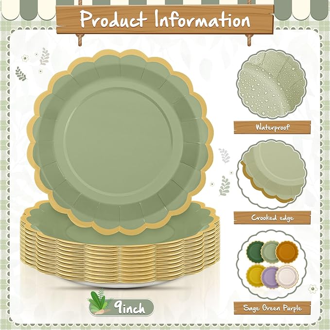 96 Pcs Nature Wedding Paper Plates 9 Inch Sage Green Purple Scalloped Paper Disposable Dinner Dessert Plates for Birthday Wedding Bridal Party Supplies, 6 Colors